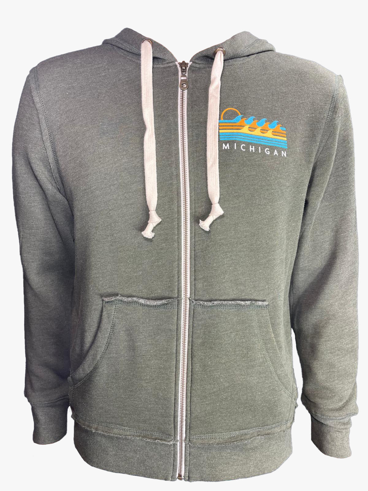 Vintage Green Zip-Up Hoodie | Michigan Waves Embroidered Sweatshirt