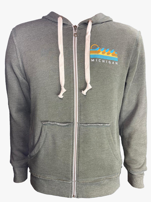 Vintage Green Zip-Up Hoodie | Michigan Waves Embroidered Sweatshirt