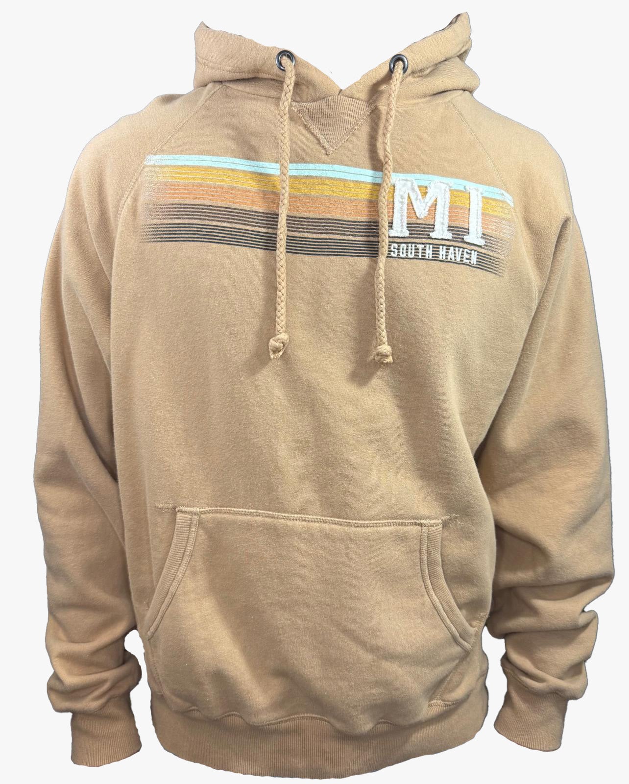 South Haven Michigan Hoodie β Vintage Striped Pullover in Sandstone