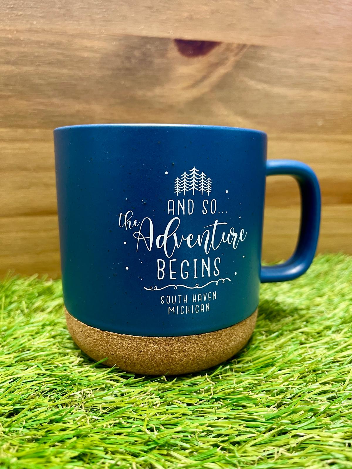 “And So the Adventure Begins” Ceramic Mug with Cork Base