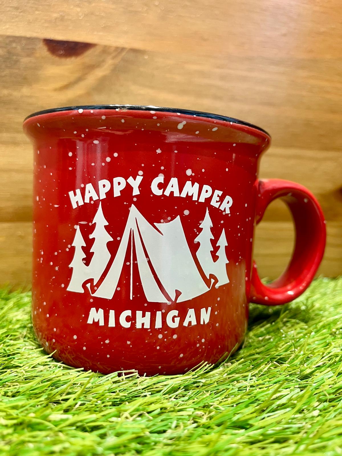 Happy Camper Michigan Mug – Vibrant Red Speckled Design