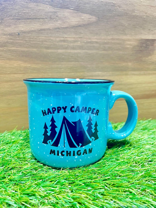 Happy Camper Michigan Campfire Mug – Vibrant Blue Speckled Design