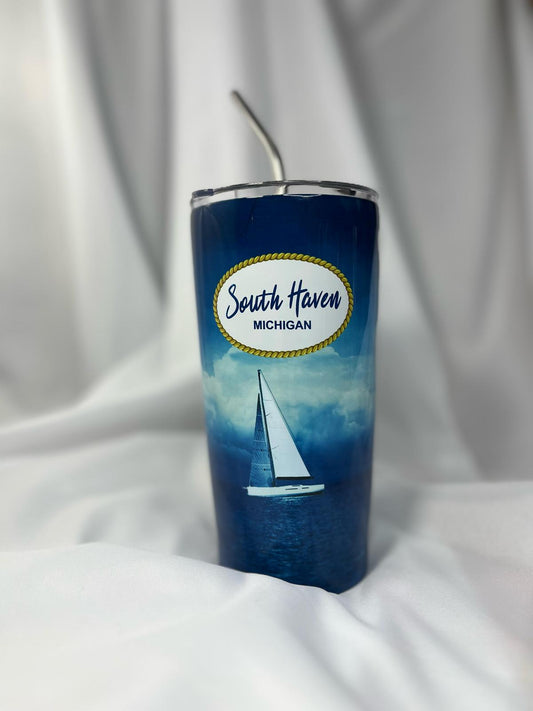 South Haven Michigan Tumbler – Nautical Design with Stainless Steel Straw