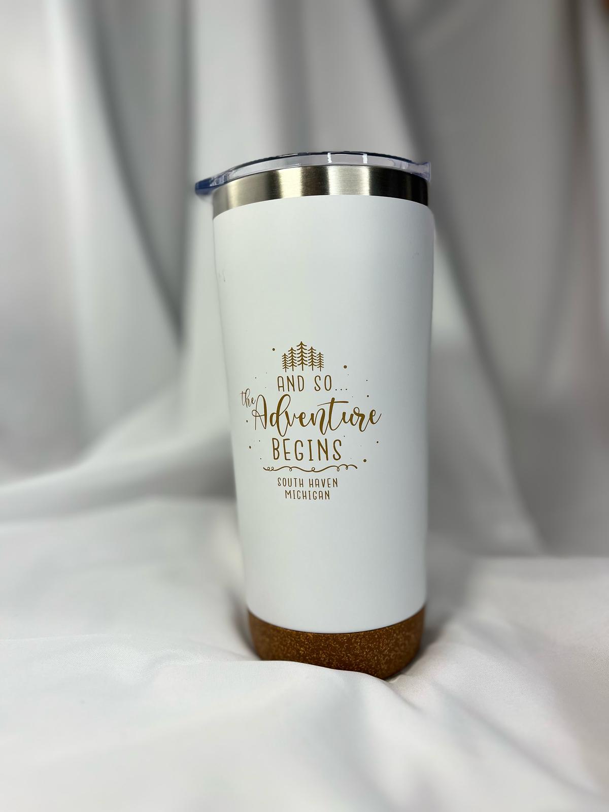 South Haven Michigan Tumbler β "And So the Adventure Begins" Cork Bottom Design