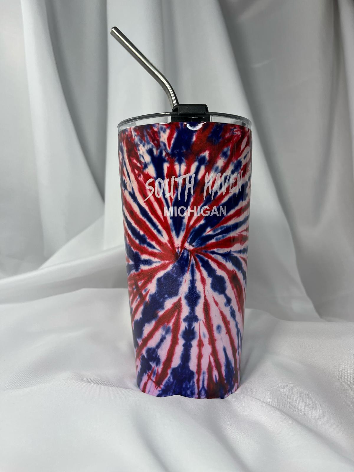 South Haven Michigan Tumbler β Patriotic Tie-Dye Design with Stainless Steel Straw