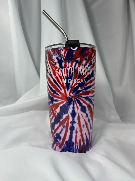 South Haven Michigan Tumbler – Patriotic Tie-Dye Design with Stainless Steel Straw