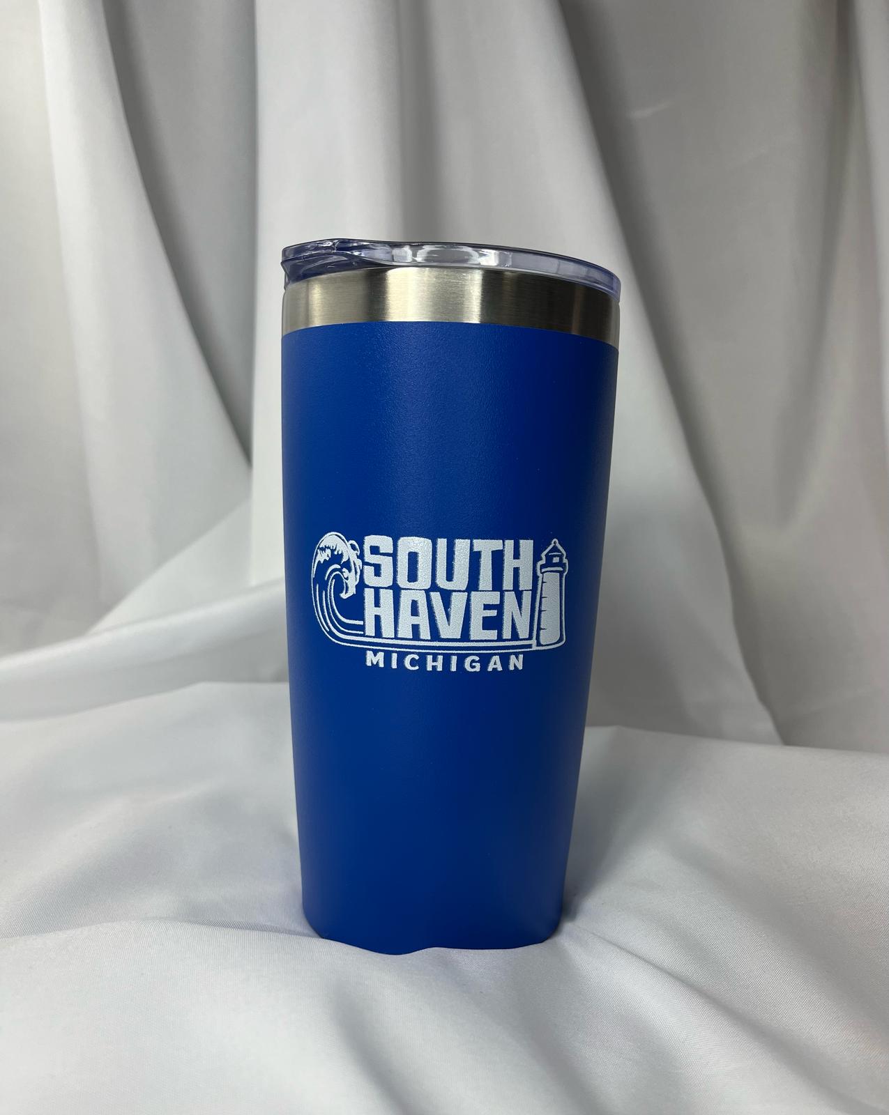 South Haven Michigan Tumbler – Nautical Blue with Lighthouse & Wave Design