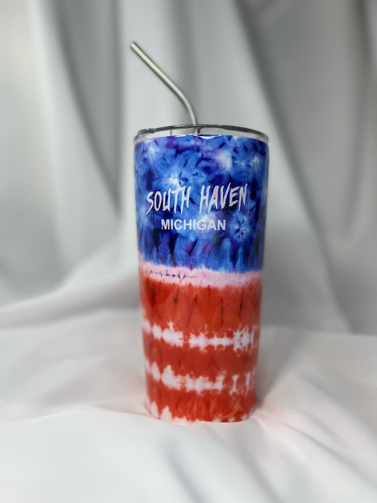 South Haven Michigan Tumbler ā Red & Blue Tie-Dye Design with Stainless Steel Straw