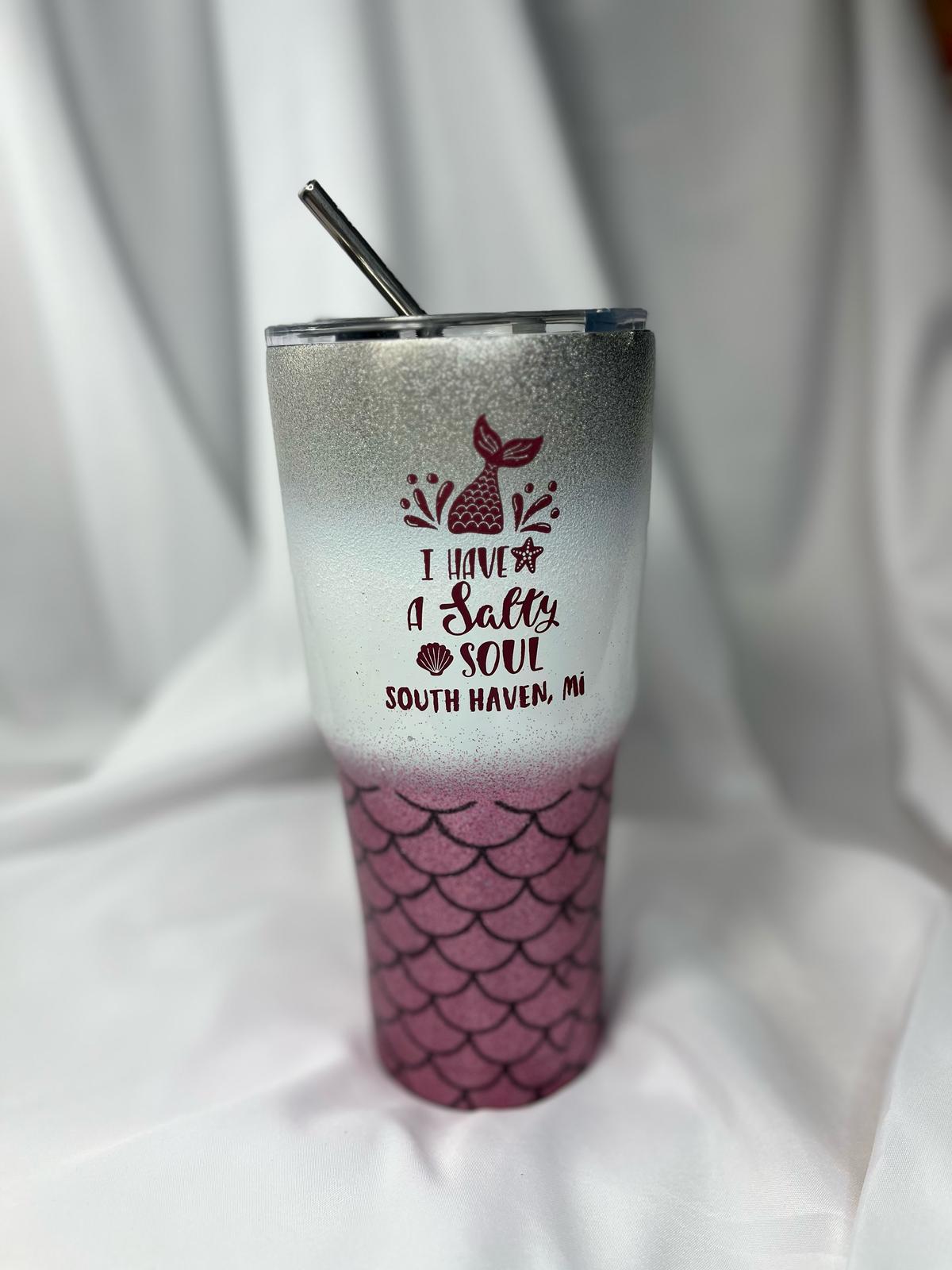 South Haven Michigan Tumbler β Mermaid "Salty Soul" Glitter Design with Stainless Steel Straw