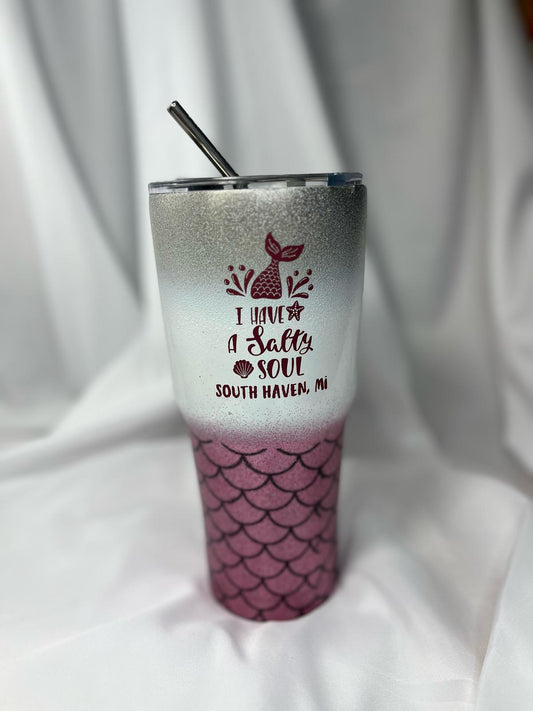 South Haven Michigan Tumbler – Mermaid "Salty Soul" Glitter Design with Stainless Steel Straw