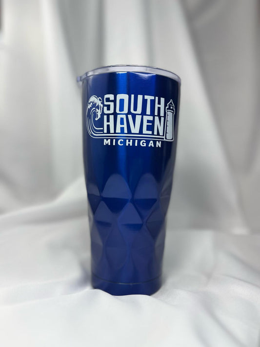 South Haven Michigan Tumbler – Textured Blue with Lighthouse & Wave Design
