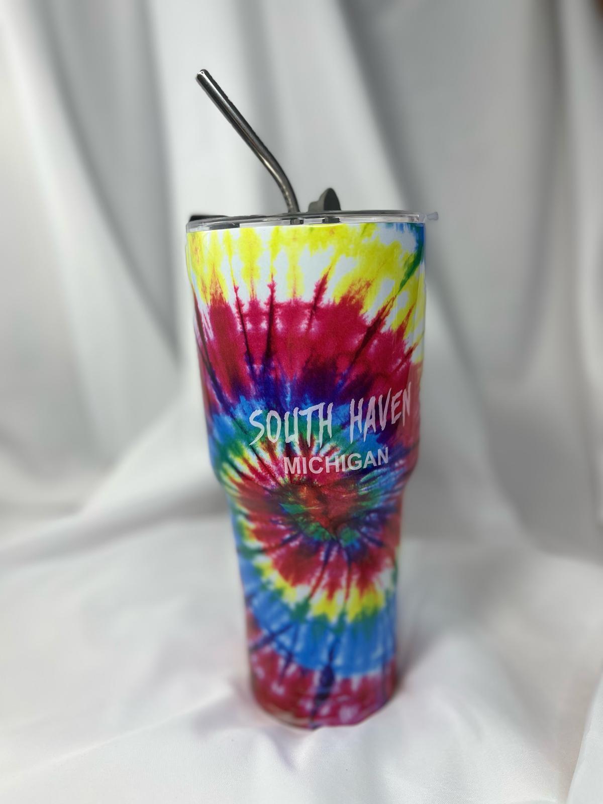 South Haven Michigan Tumbler ā Colorful Tie-Dye Swirl with Stainless Steel Straw