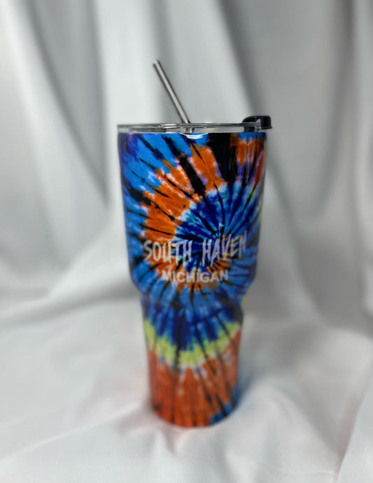 South Haven Michigan Tumbler – Blue & Orange Tie-Dye Swirl with Stainless Steel Straw