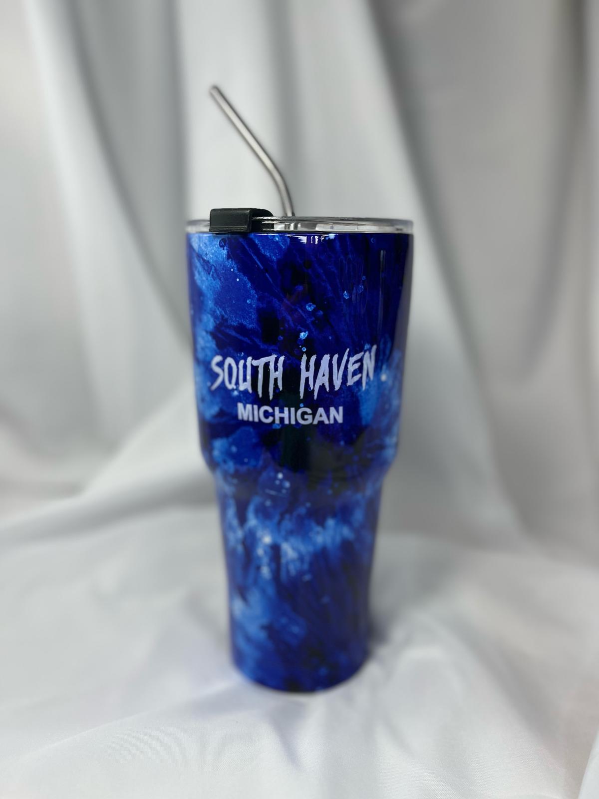 South Haven Michigan Tumbler ā Deep Blue Marble Design with Stainless Steel Straw
