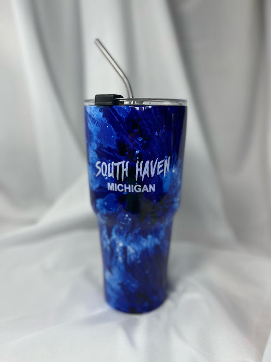 South Haven Michigan Tumbler – Deep Blue Marble Design with Stainless Steel Straw