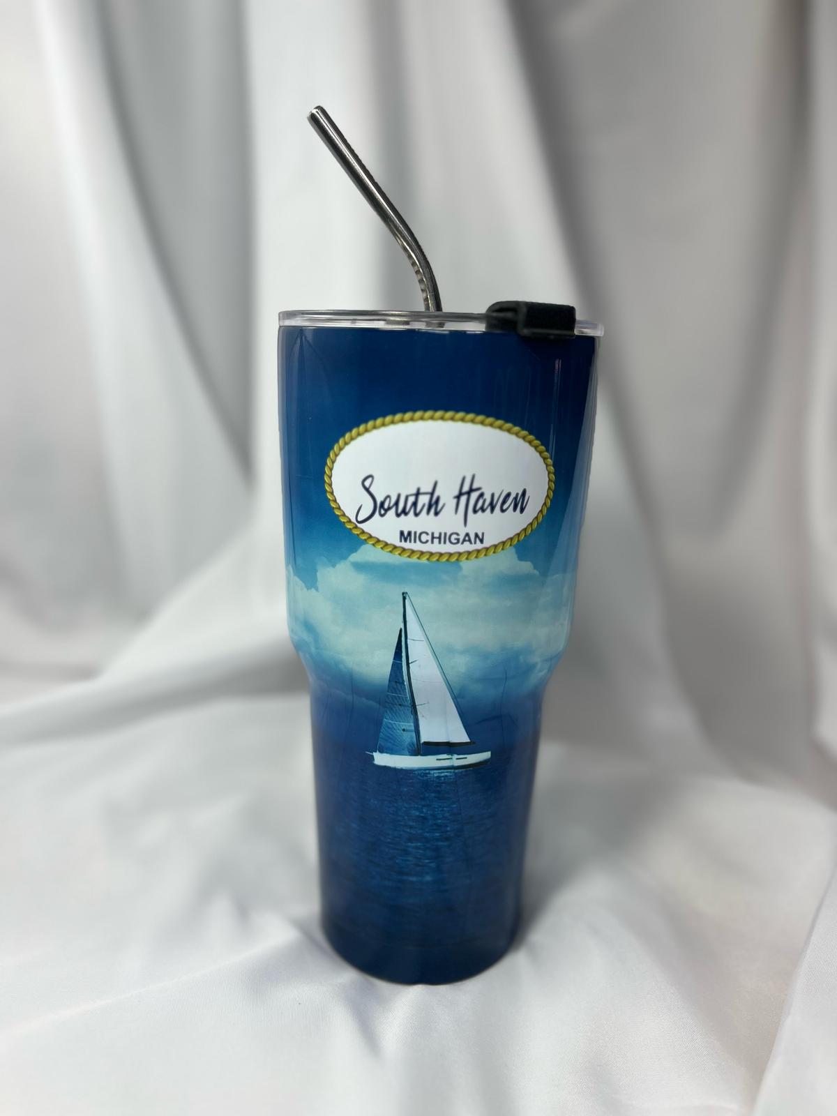 South Haven Michigan Tumbler β Sailboat Nautical Design with Stainless Steel Straw
