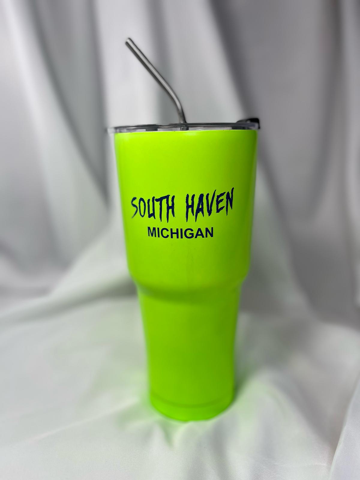 South Haven Michigan Tumbler ā Neon Green with Stainless Steel Straw