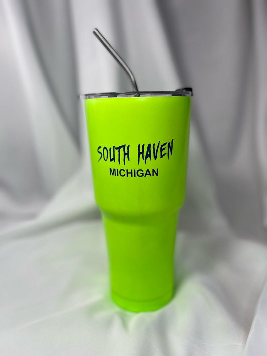 South Haven Michigan Tumbler – Neon Green with Stainless Steel Straw