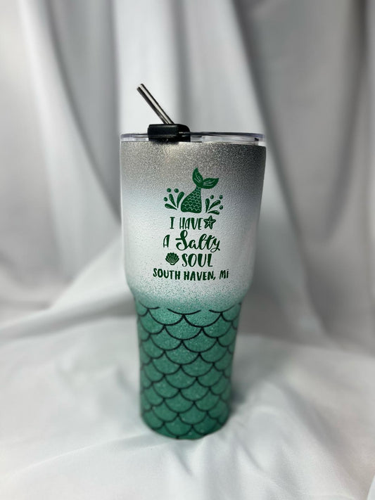 South Haven Michigan Tumbler – Green Mermaid "Salty Soul" Glitter Design with Stainless Steel Straw