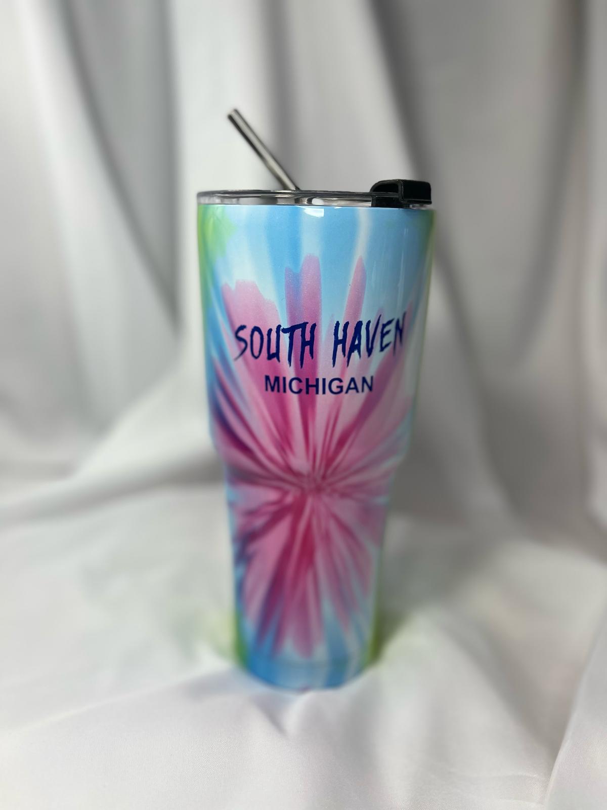South Haven Michigan Tumbler ā Pastel Tie-Dye Design with Stainless Steel Straw