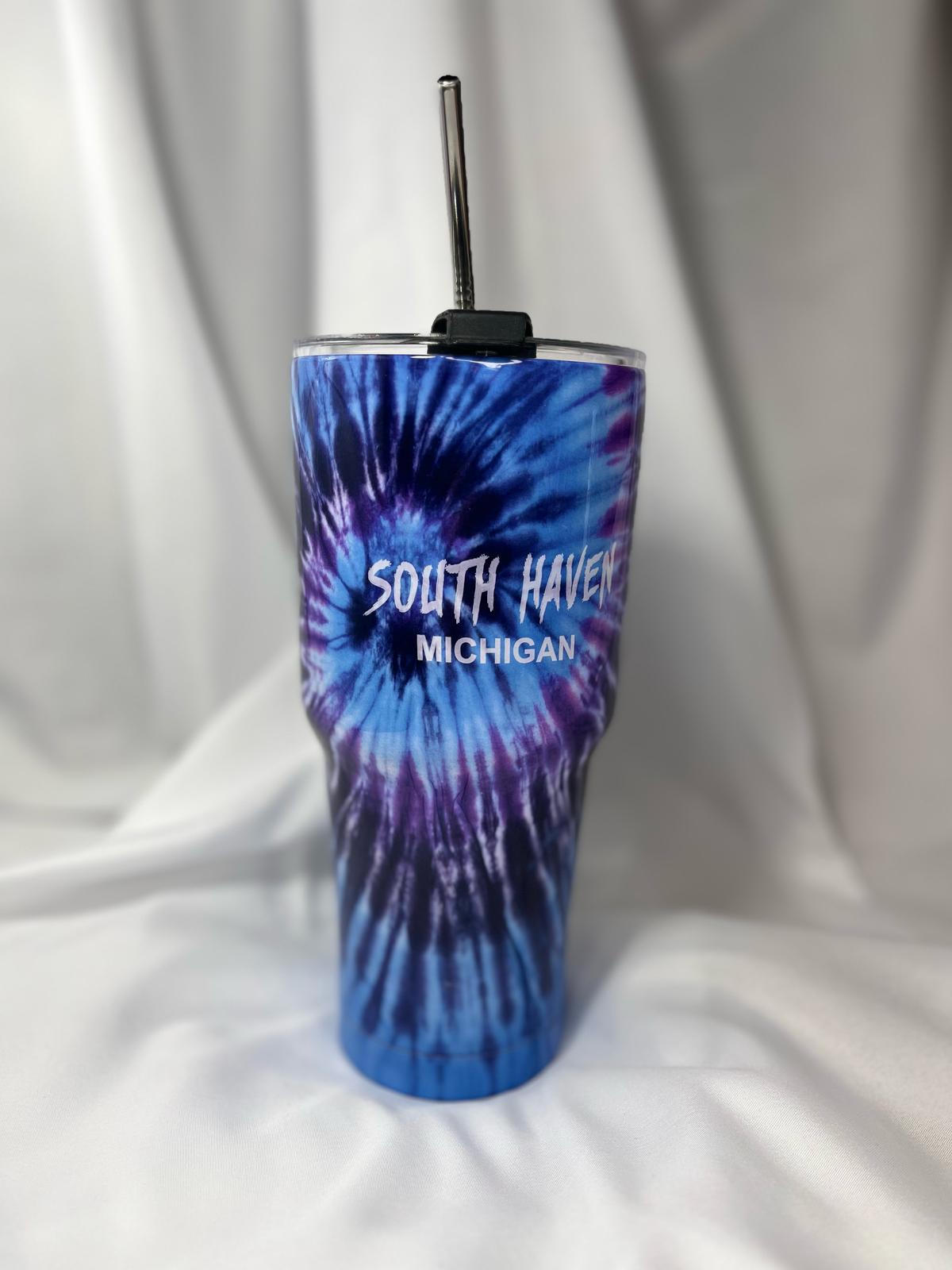 South Haven Michigan Tumbler β Blue & Purple Tie-Dye with Stainless Steel Straw