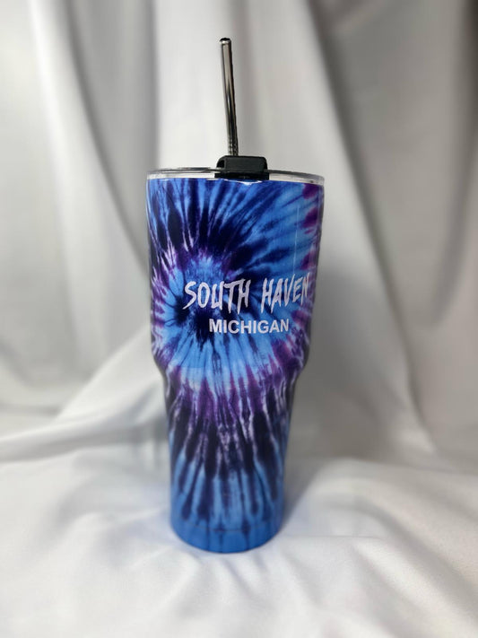 South Haven Michigan Tumbler – Blue & Purple Tie-Dye with Stainless Steel Straw