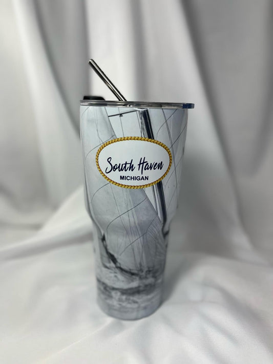 South Haven Michigan Tumbler – Black & White Sailing Ship Design with Stainless Steel Straw