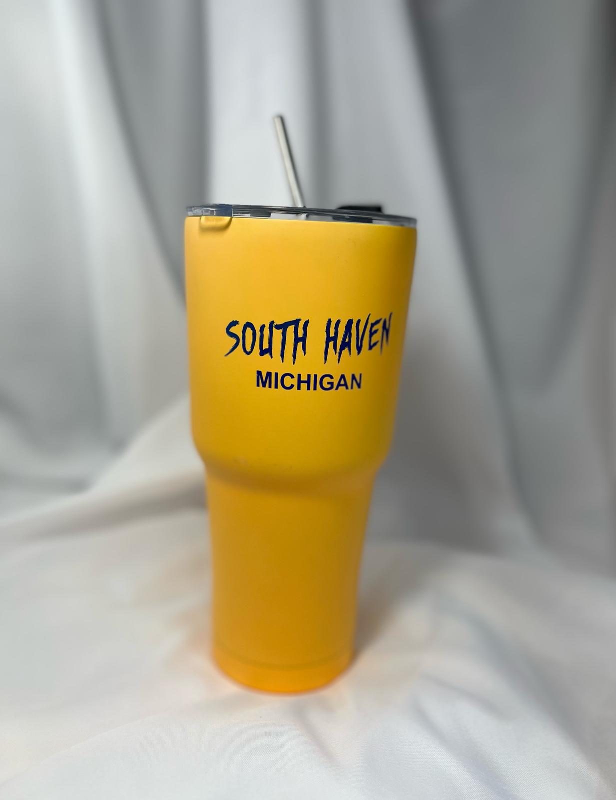 South Haven Michigan Tumbler β Bright Yellow with Stainless Steel Straw