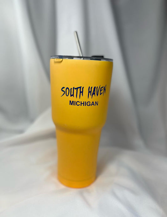 South Haven Michigan Tumbler – Bright Yellow with Stainless Steel Straw