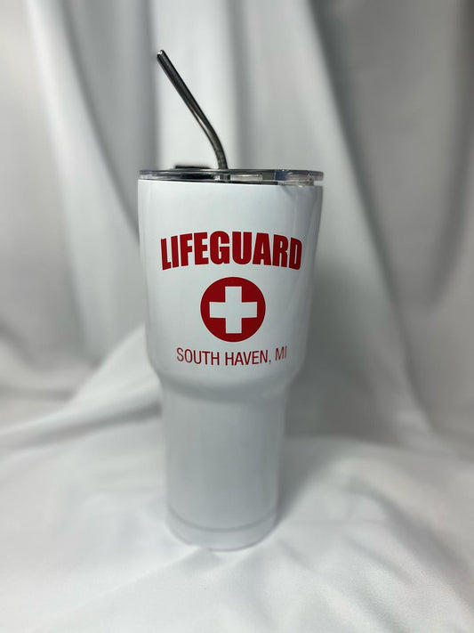 South Haven Michigan Tumbler – White Lifeguard Design with Stainless Steel Straw
