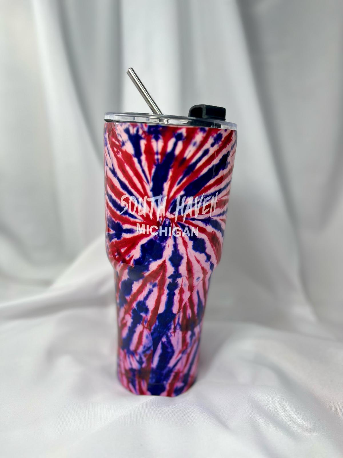 South Haven Michigan Tumbler β Red, White & Blue Tie-Dye with Stainless Steel Straw