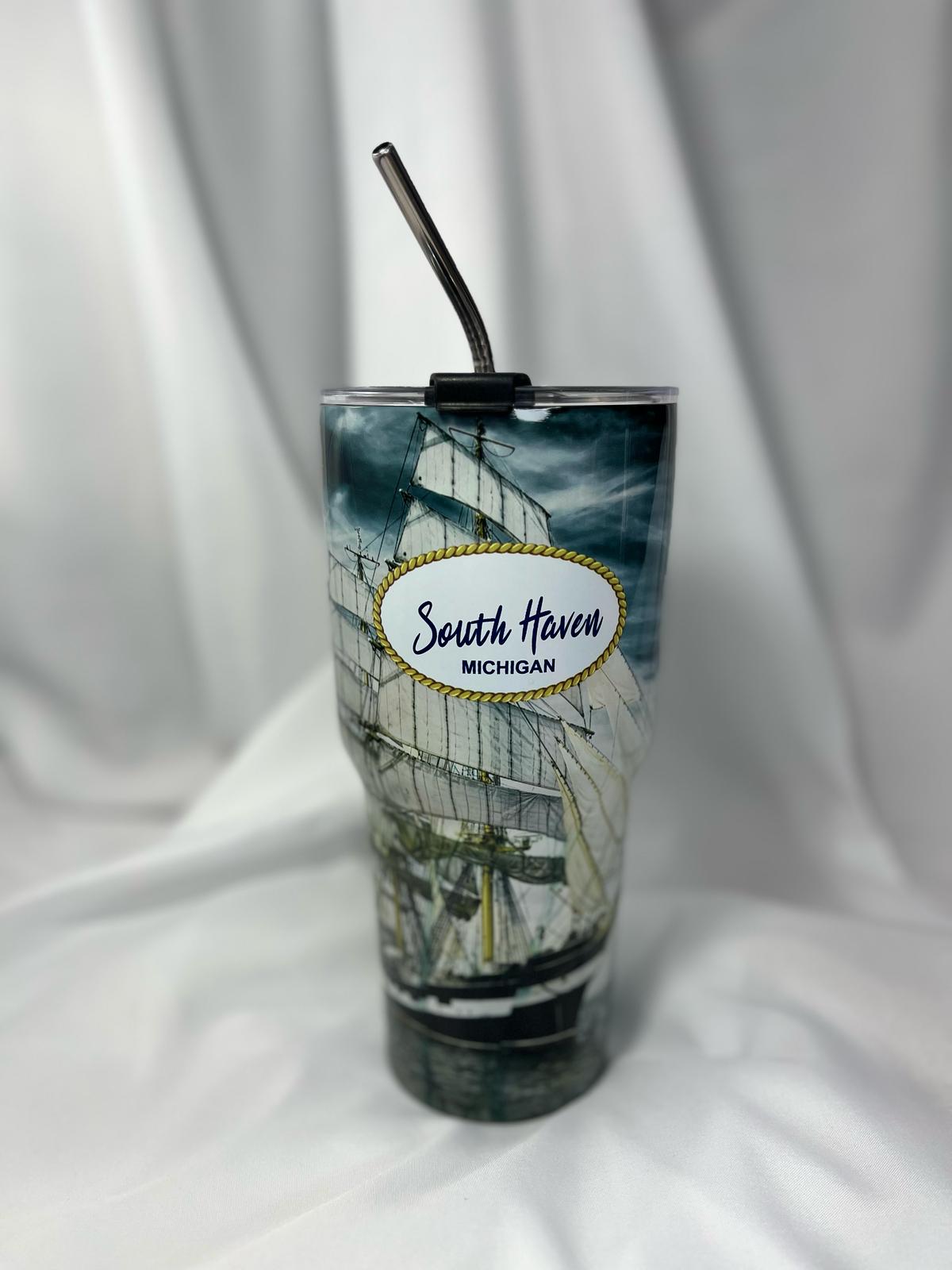 South Haven Michigan Tumbler ā Vintage Sailing Ship Design with Stainless Steel Straw