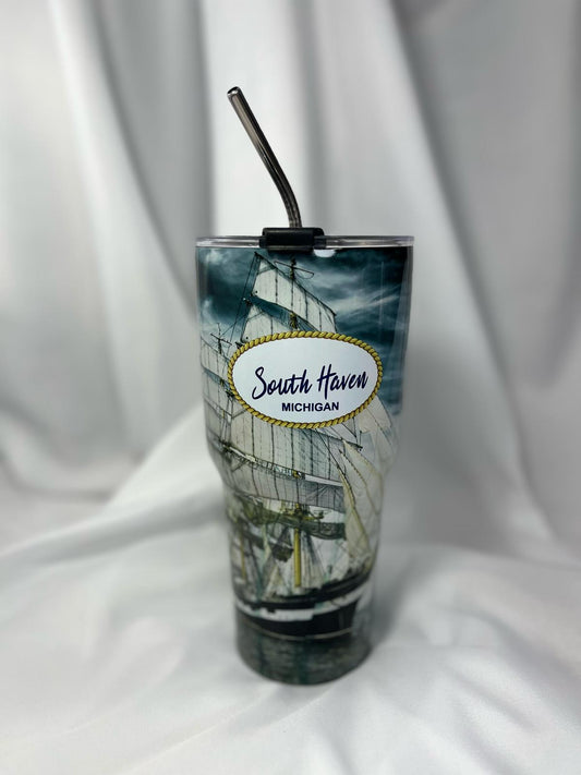 South Haven Michigan Tumbler – Vintage Sailing Ship Design with Stainless Steel Straw