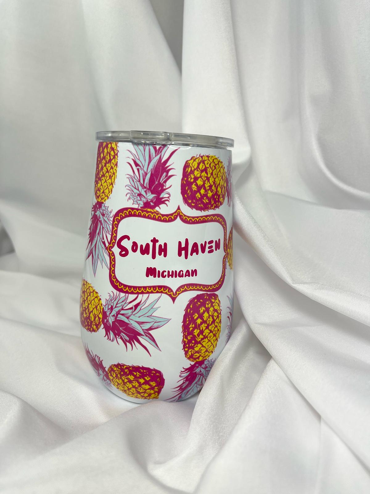 South Haven Michigan Tumbler ā Pineapple Paradise Stemless Wine Cup