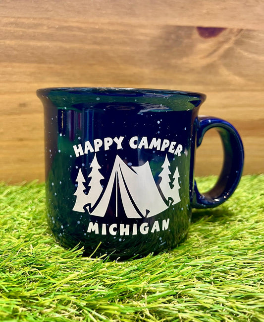 Happy Camper Michigan Campfire Mug – Outdoor Adventure Design