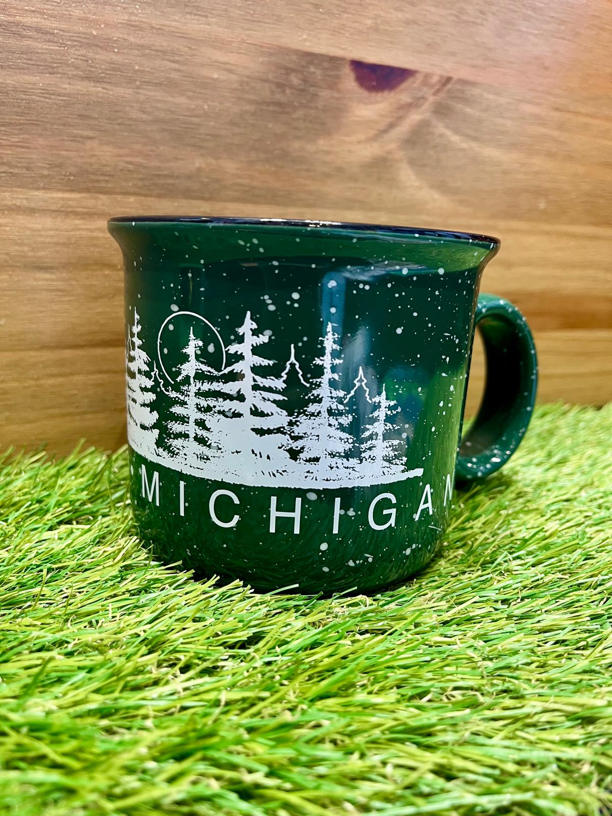 Michigan Forest Campfire Mug – Green Speckled Design