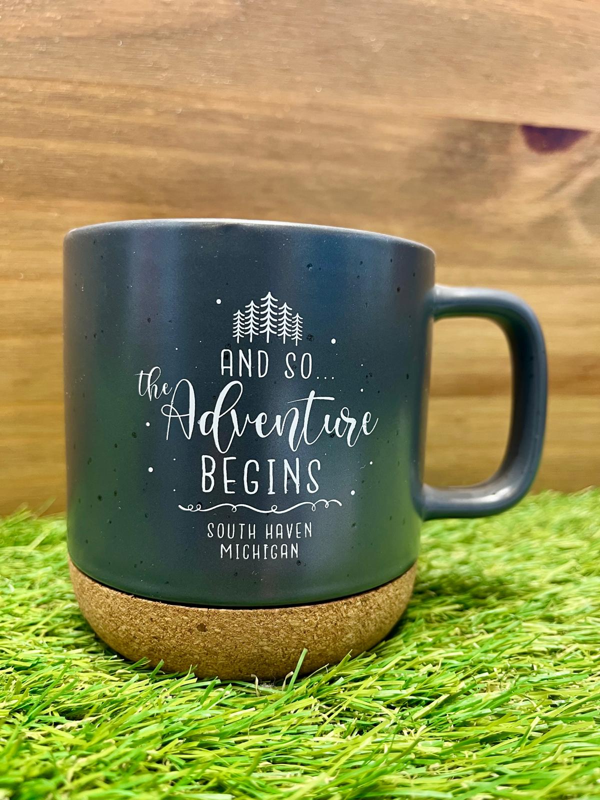 “And So the Adventure Begins” Ceramic Mug with Cork Base – South Haven, Michigan