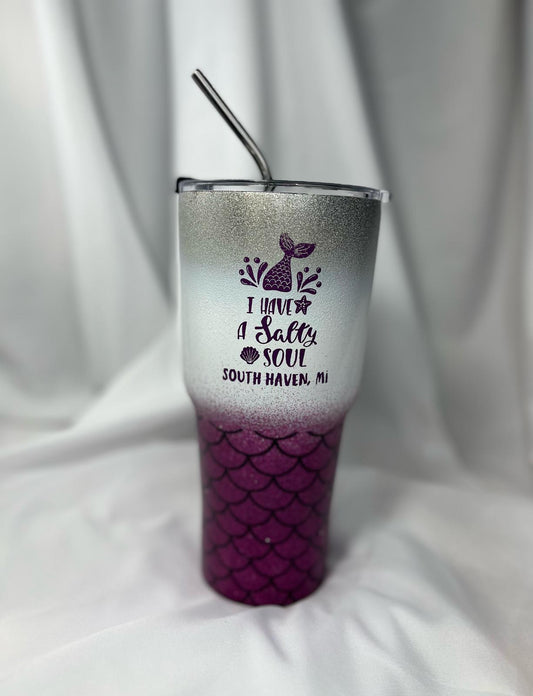 South Haven Michigan Tumbler – Purple Mermaid "Salty Soul" Glitter Design with Stainless Steel Straw